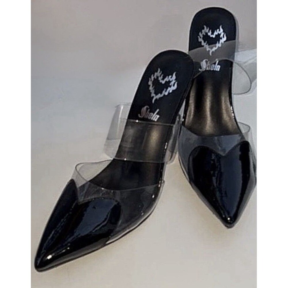 SHEIN Stiletto Heels Women’s 7.5 Black Patent Clear Mule Pointed Toe Y2K-style